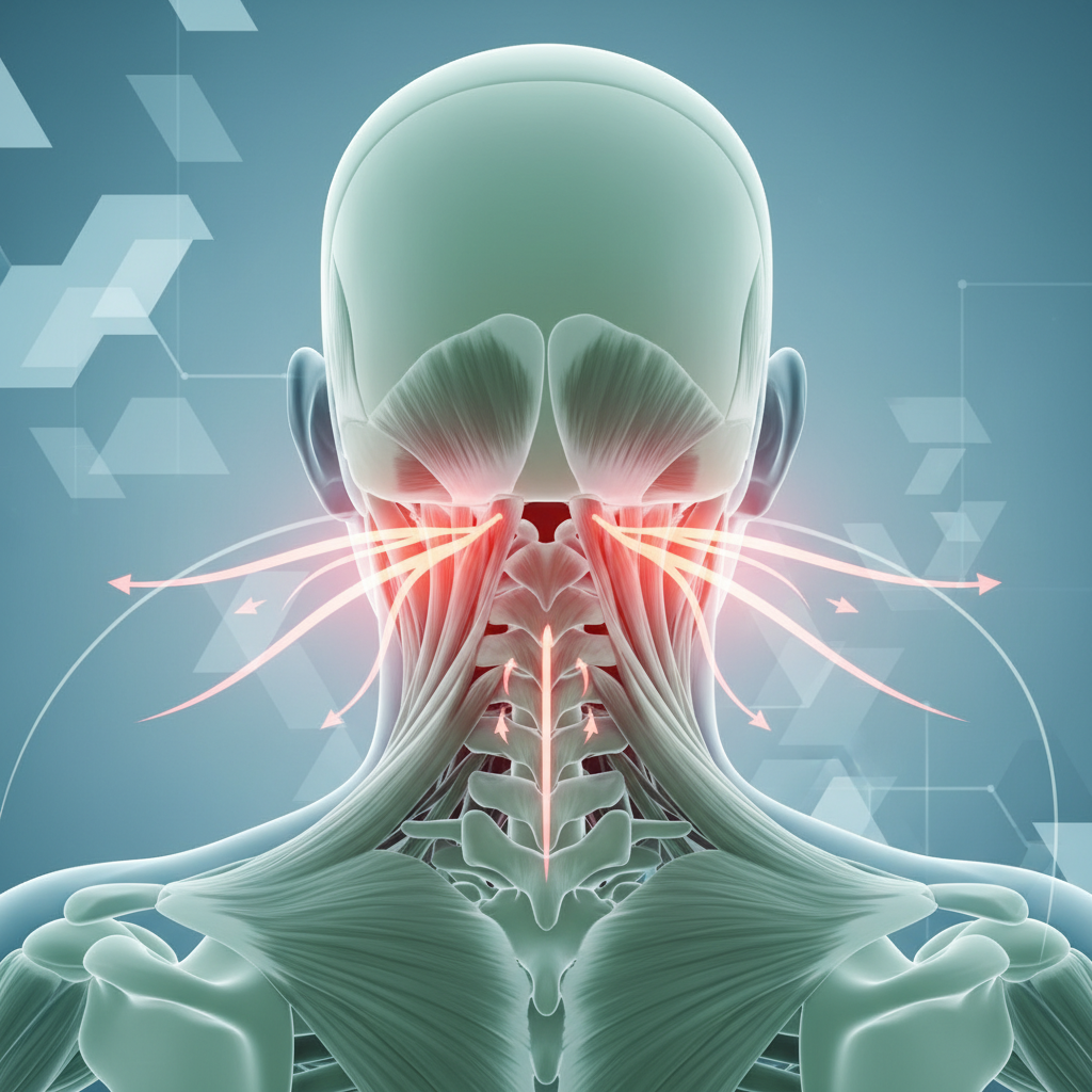Illustration of a person holding the back of their head, showing pain points and highlighting stress and poor posture