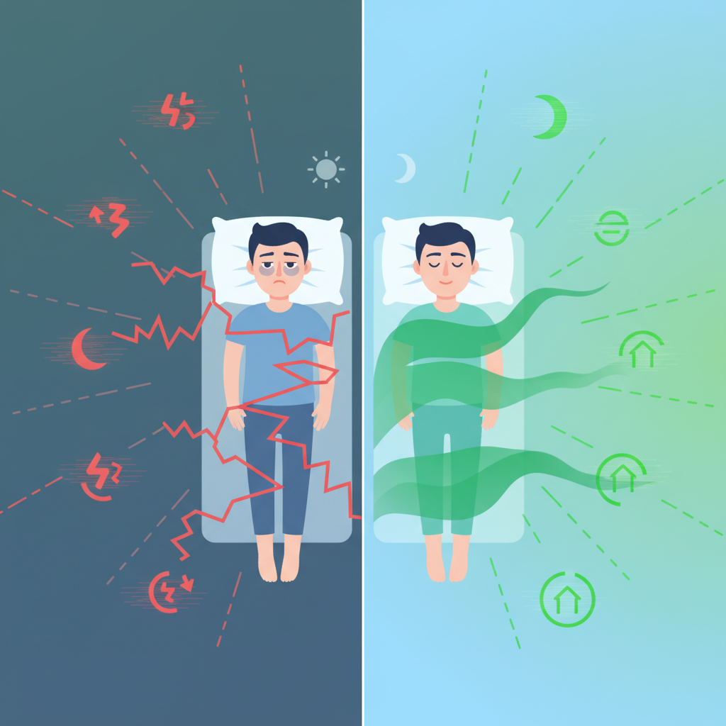 A quiet, dark bedroom with soft lighting, a comfortable bed, and minimal distractions, promoting peaceful sleep