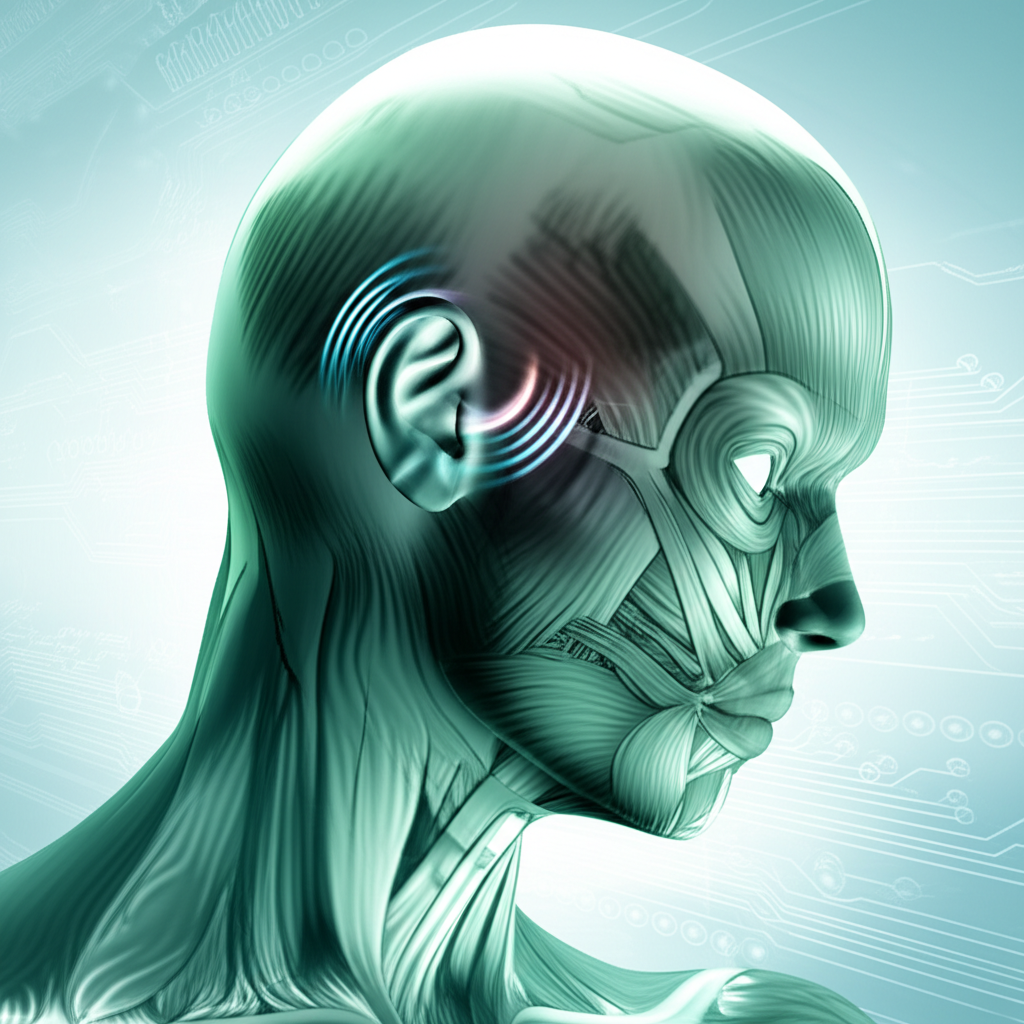 A person gently touching their right temple, expressing mild discomfort, with a light blue aura highlighting the temple area.