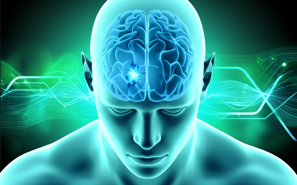 A red stop sign overlaying an image of a person holding their head in extreme pain, emphasizing emergency.