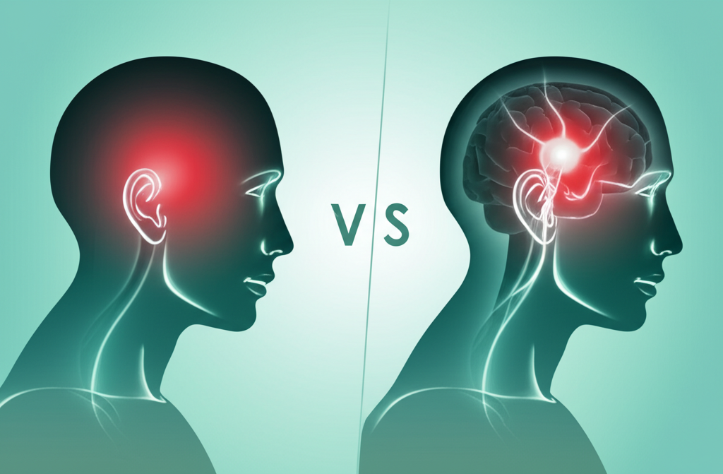 A person holding their temple, looking pained, possibly with one eye closed due to sensitivity