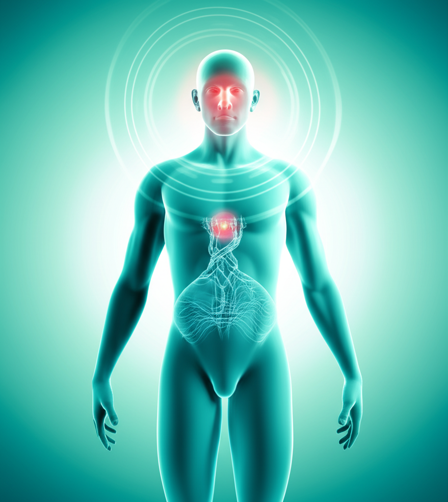 A person holding their head, looking disorganized in a blurry environment