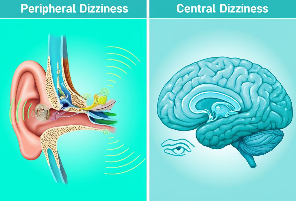 A medical illustration comparing the inner ear (peripheral) and brain (central) causes of dizziness