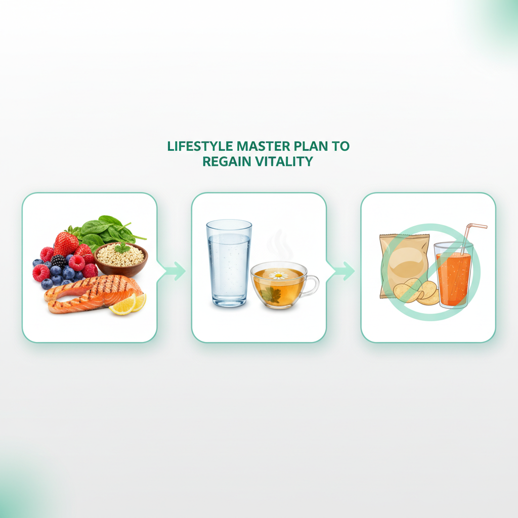 A person engaging in various healthy lifestyle activities like sleeping peacefully, meditating, exercising, and enjoying a balanced meal, symbolizing a holistic approach to wellness.