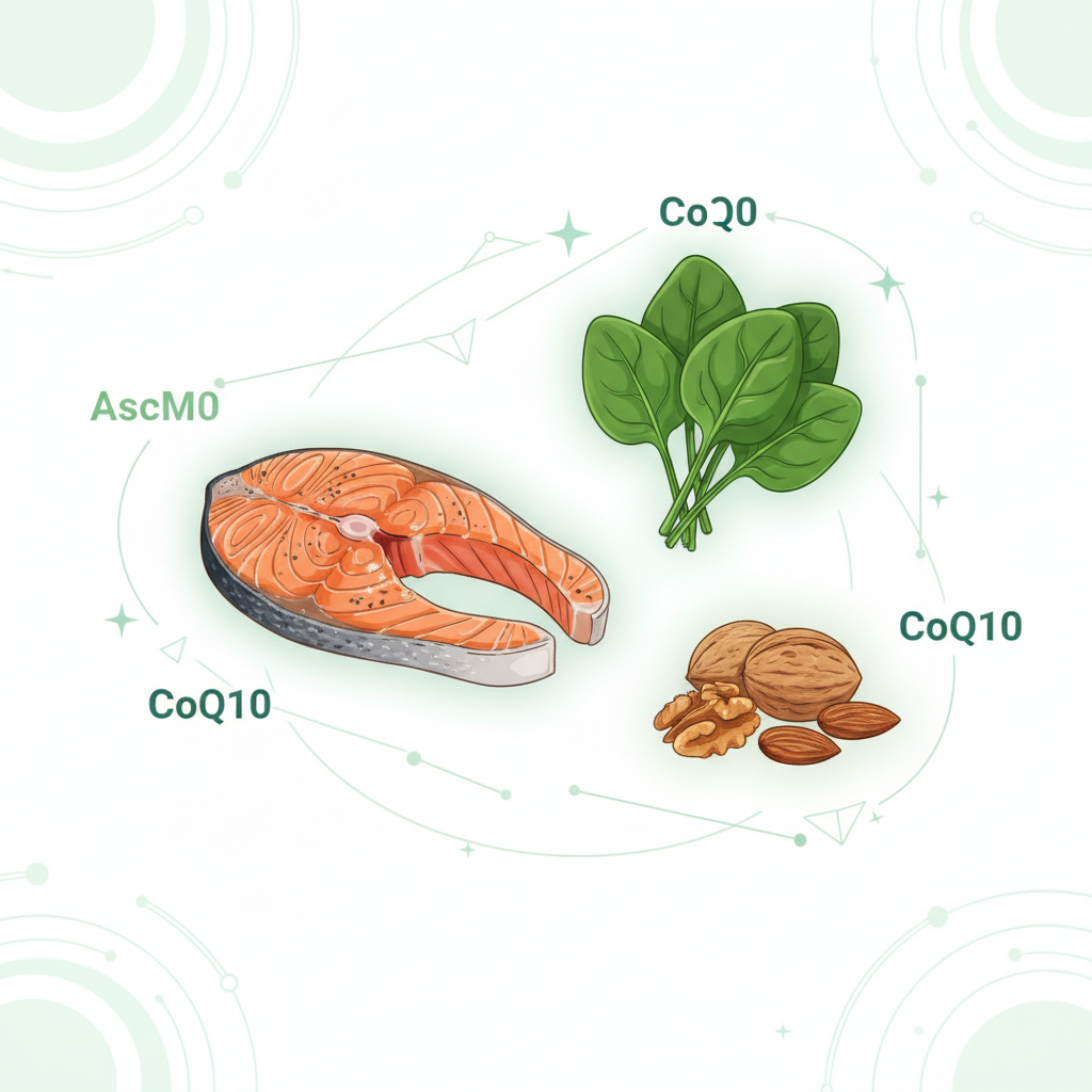 Various foods rich in CoQ10 like fish, meat, nuts, and spinach