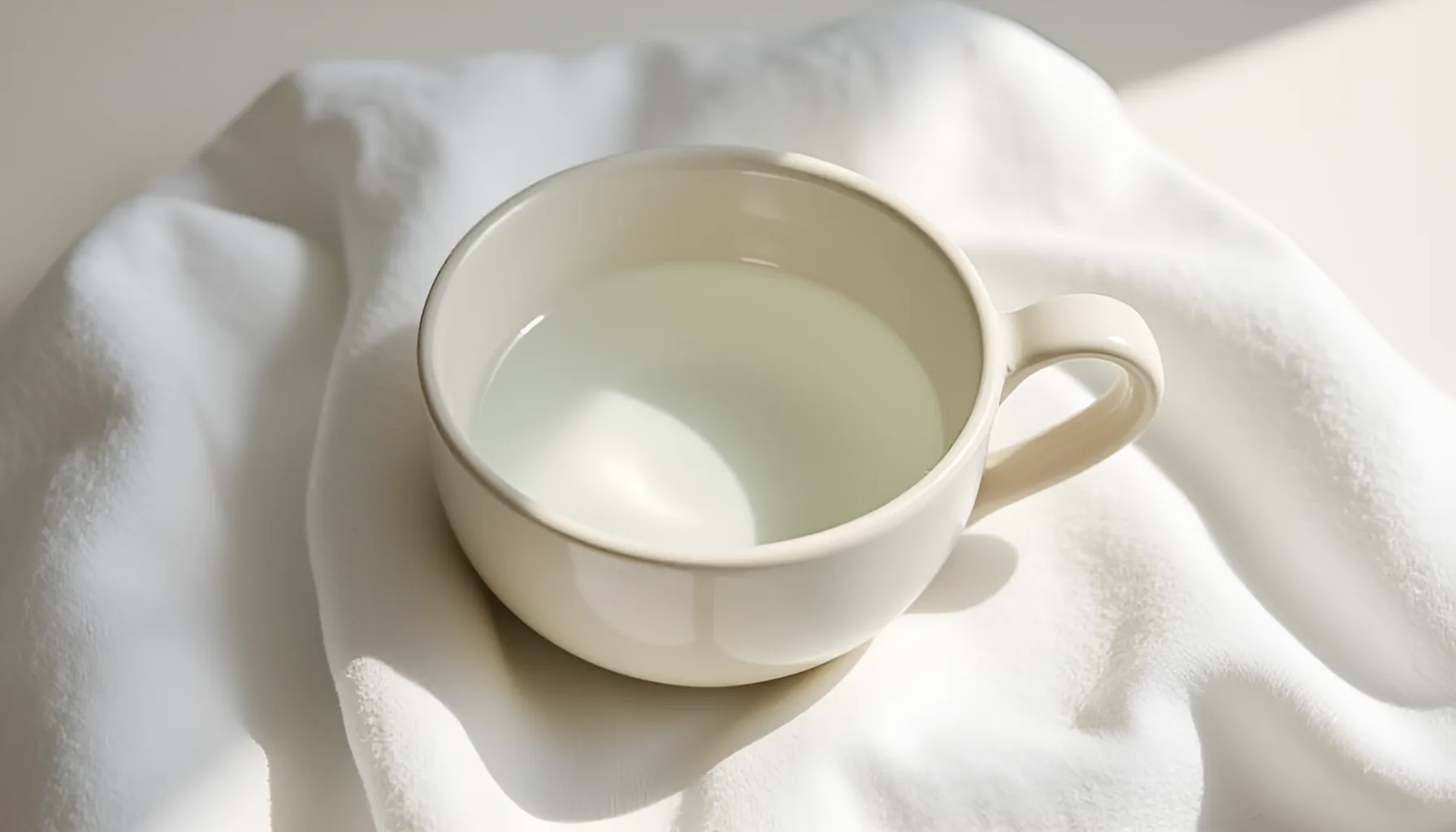 두꺼운 무명천 위에 놓인 소박한 도자기 잔에 맑은 물이 담기고 아침 창가 빛이 부드럽게 스며든 오버헤드 정물 사진