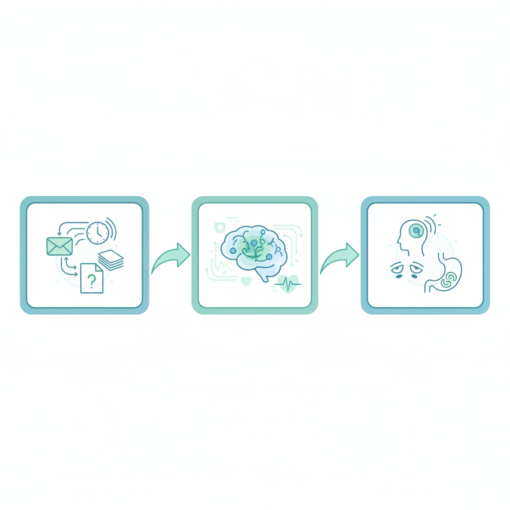 A person with a pained expression holding their head, surrounded by various stressors like an overflowing to-do list, a crying baby, and a demanding boss icon.