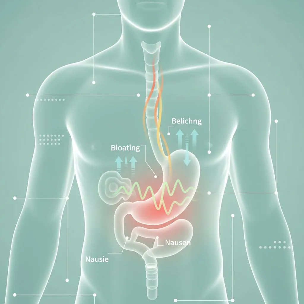 Person holding their stomach in discomfort, with various digestive aid packages surrounding them, illustrating common digestive problems.