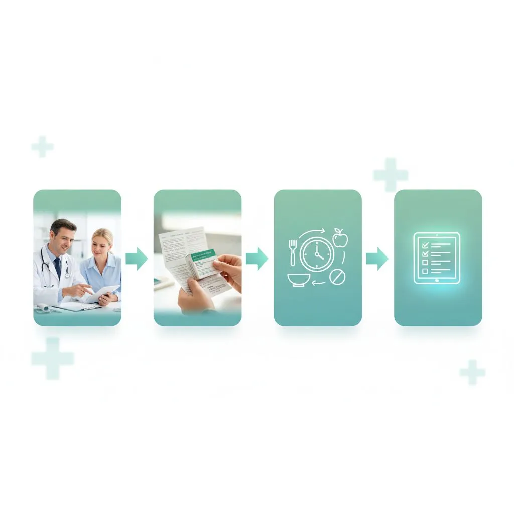 A calendar marked with pill icons and a glass of water, symbolizing careful timing and hydration for medication.