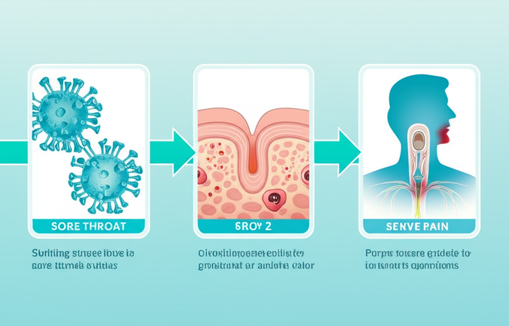 A person holding their throat in discomfort, indicating a sore throat with a slightly red throat area visually represented.