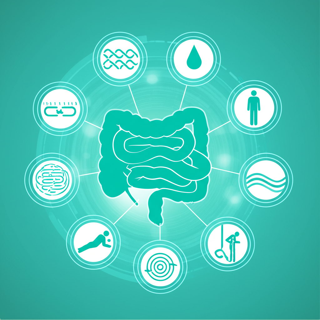 A vibrant display of various colorful fruits and vegetables known for digestive health, like prunes, kiwis, apples, sweet potatoes, and leafy greens