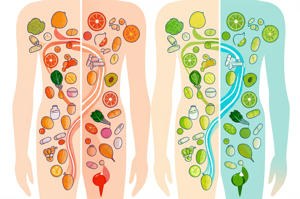 다양한 약과 음식이 테이블 위에 놓여 있고, 그 사이에 경고 표시가 있는 이미지