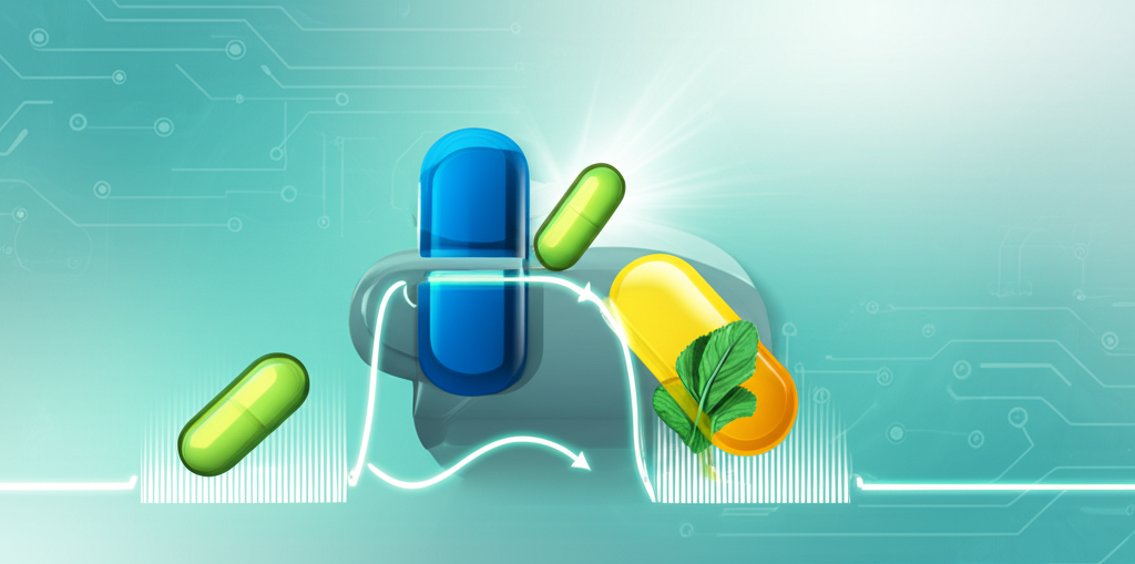 자몽과 약 병이 함께 놓여 있고, 빨간색 X 표시가 있는 이미지