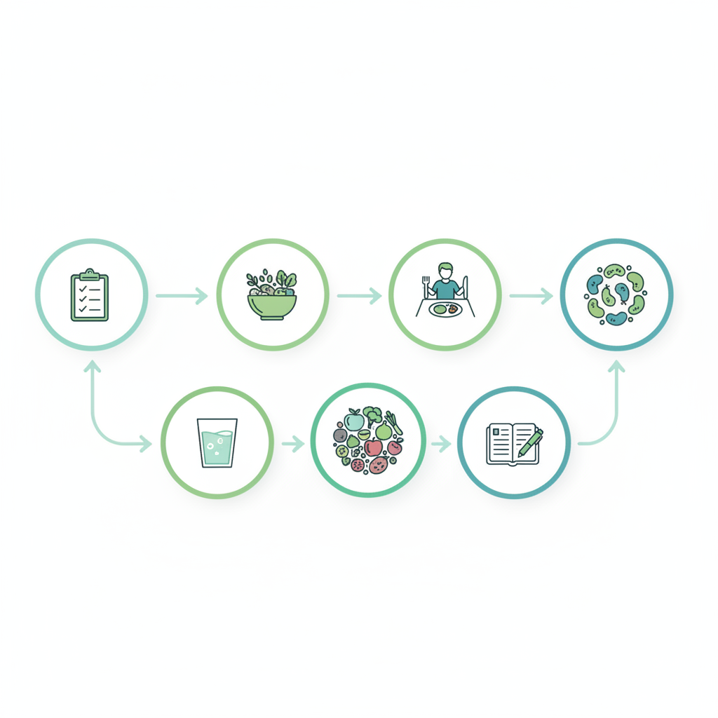 A person happily preparing a healthy meal with fresh vegetables and fruits, demonstrating mindful eating