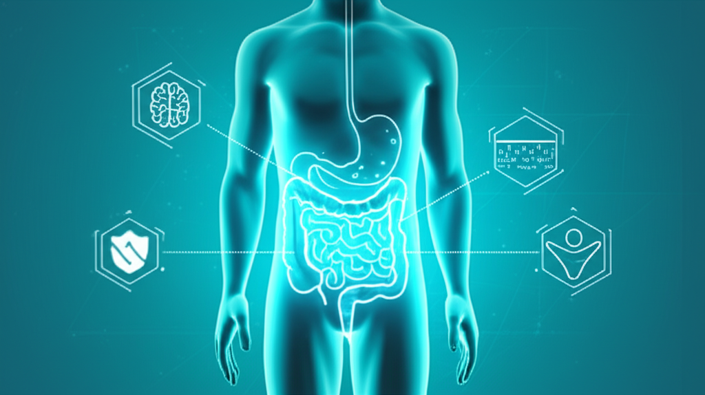 A vibrant illustration of a healthy gut with various beneficial microorganisms, showing a glowing, calm stomach and intestines.