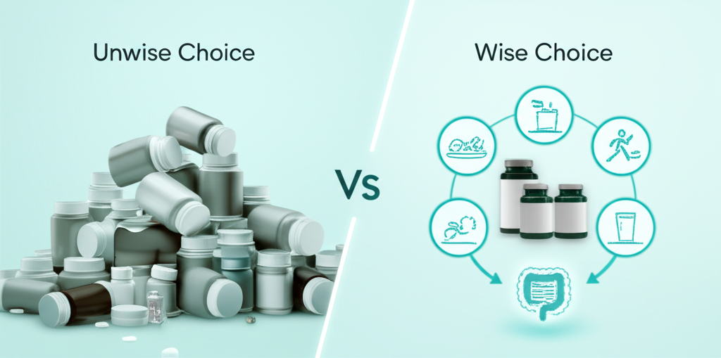 Various types of supplements for gut health, suchs as probiotics, prebiotics, and digestive enzymes, neatly arranged.