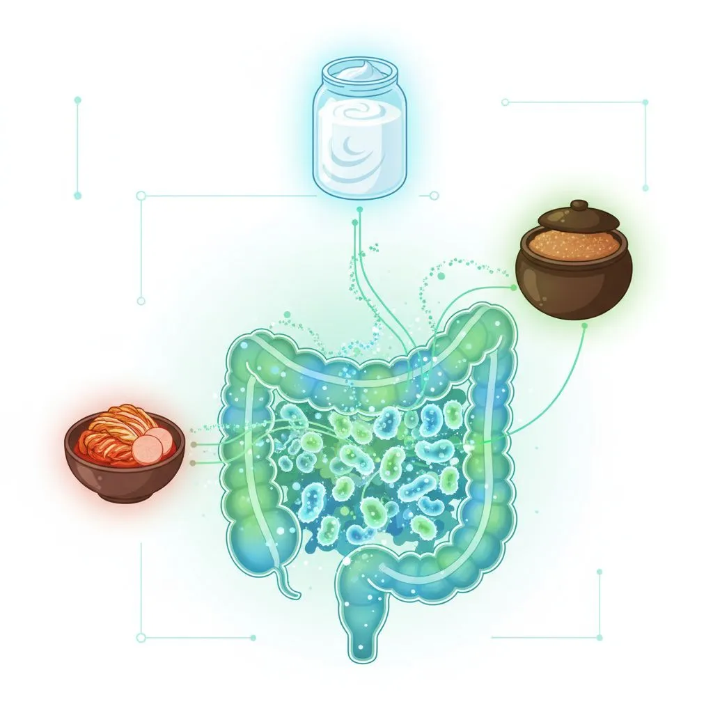 a variety of colorful fruits, vegetables, and fermented foods laid out on a wooden table, emphasizing a gut-healthy diet