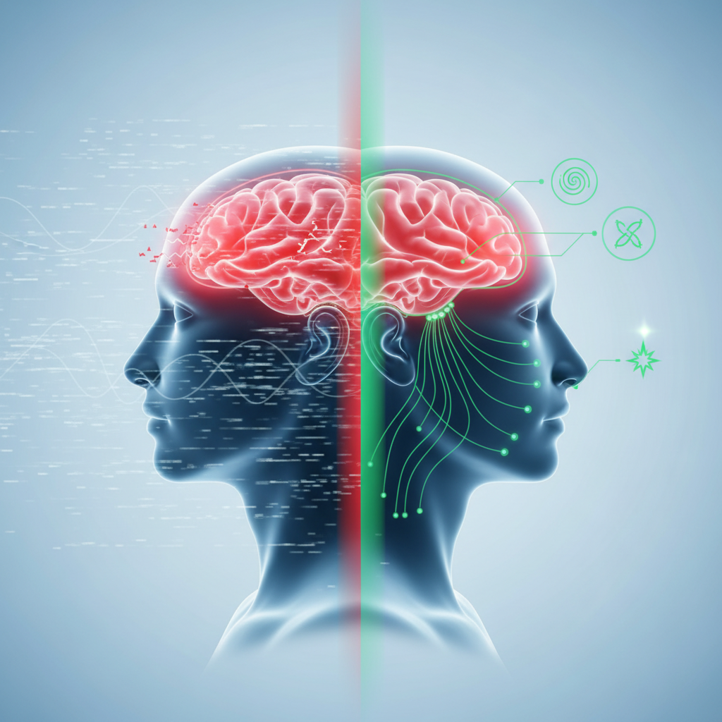 A brain diagram with different areas highlighted, indicating various triggers like stress, diet, and hormones impacting different parts