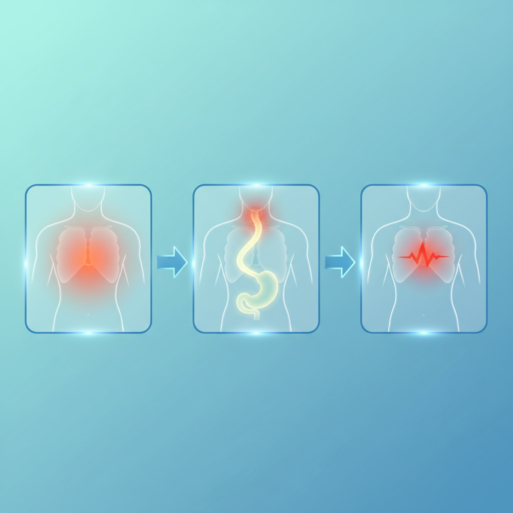 Woman experiencing heartburn, holding her chest with a pained expression.