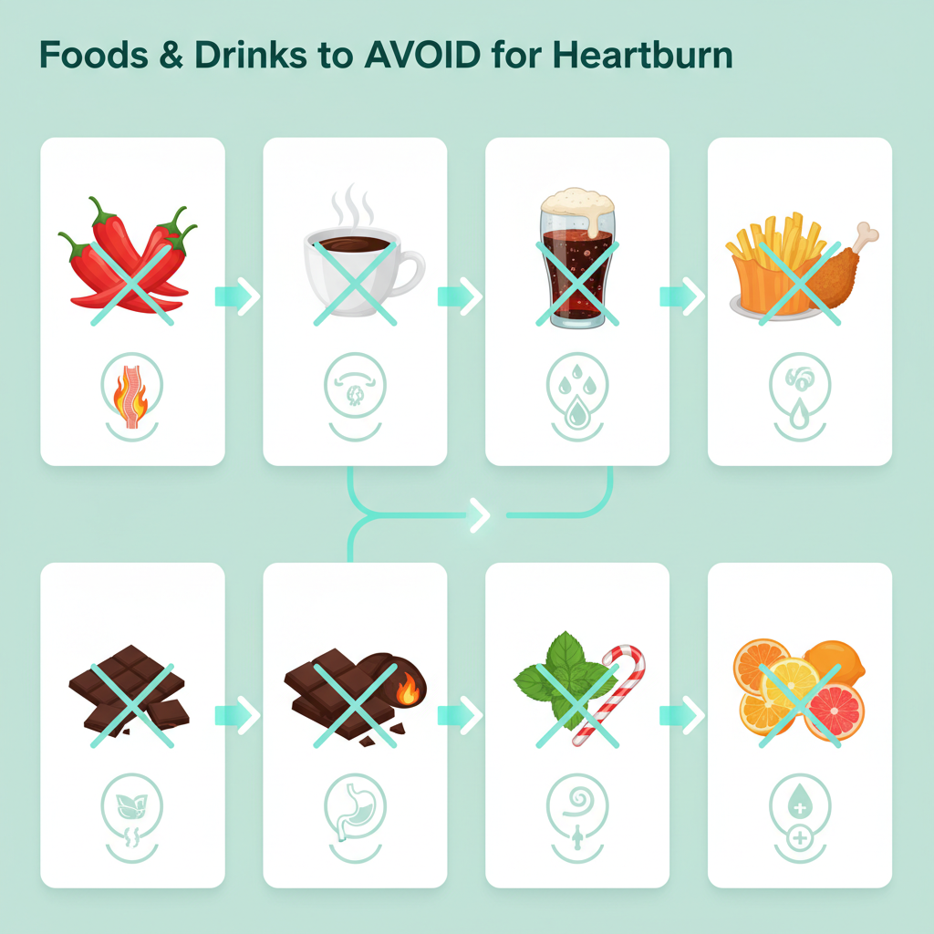 Foods and drinks to avoid for heartburn, such as coffee, spicy peppers, citrus fruits, and fried foods.