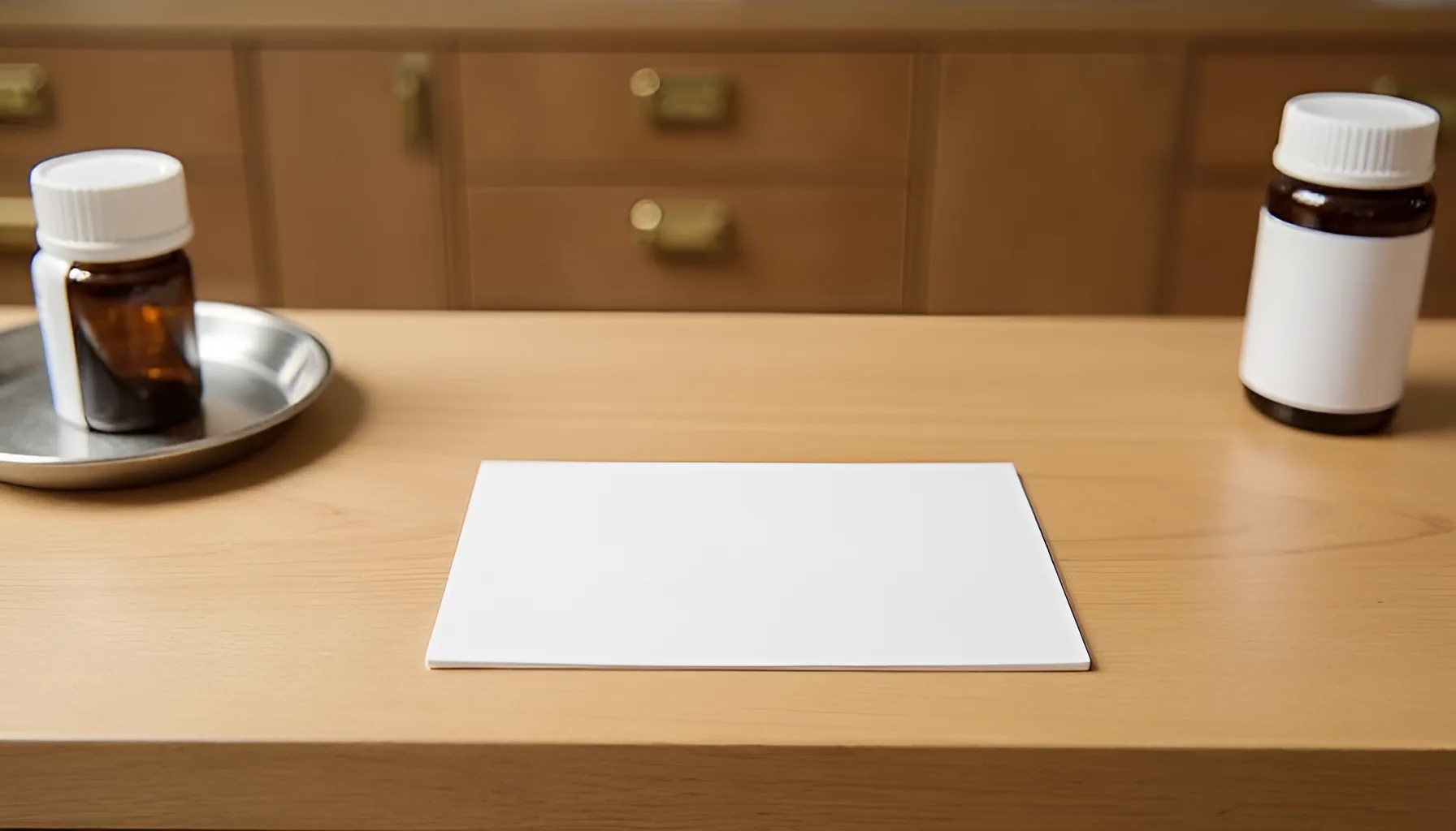 약국 조제대 나무 상판에 아무것도 적히지 않은 흰 카드가 놓이고 갈색 약병과 서랍장이 뒤에 있는 모습