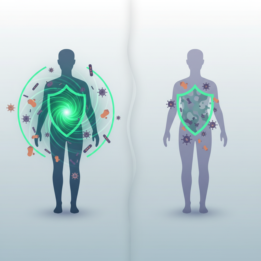 A vibrant illustration of a human body with a shield icon, representing a strong immune system fighting off various viruses and bacteria.