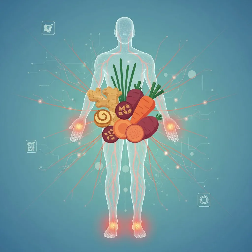 various healthy foods known to improve circulation, such as ginger, garlic, and leafy greens
