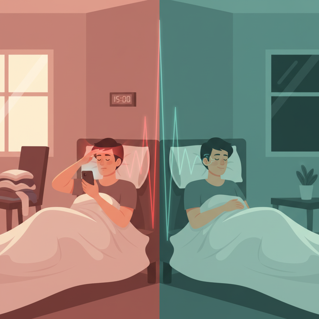 A serene bedroom with dim lighting, clean sheets, and a plant, representing good sleep hygiene