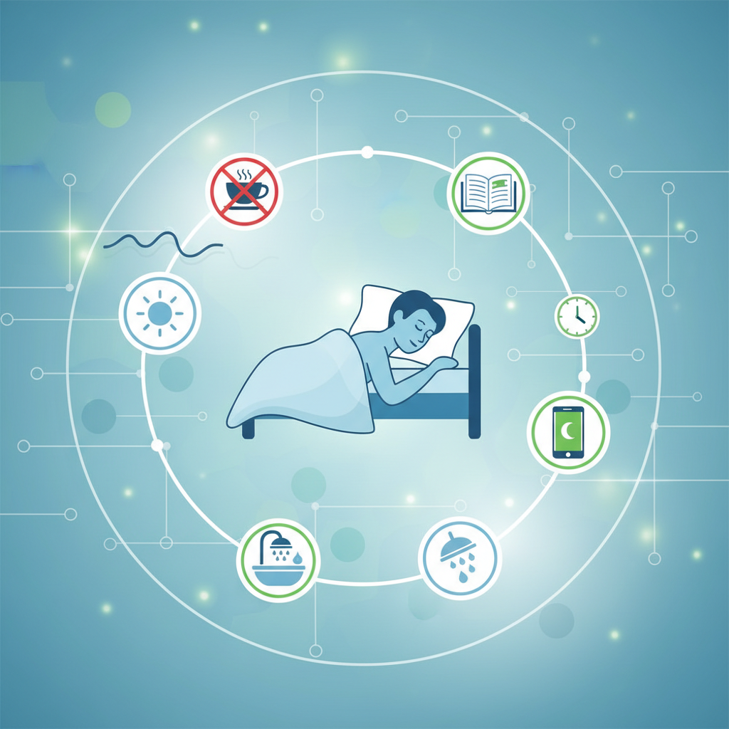 Various natural sleep aids like chamomile tea, lavender, melatonin supplements on a wooden table