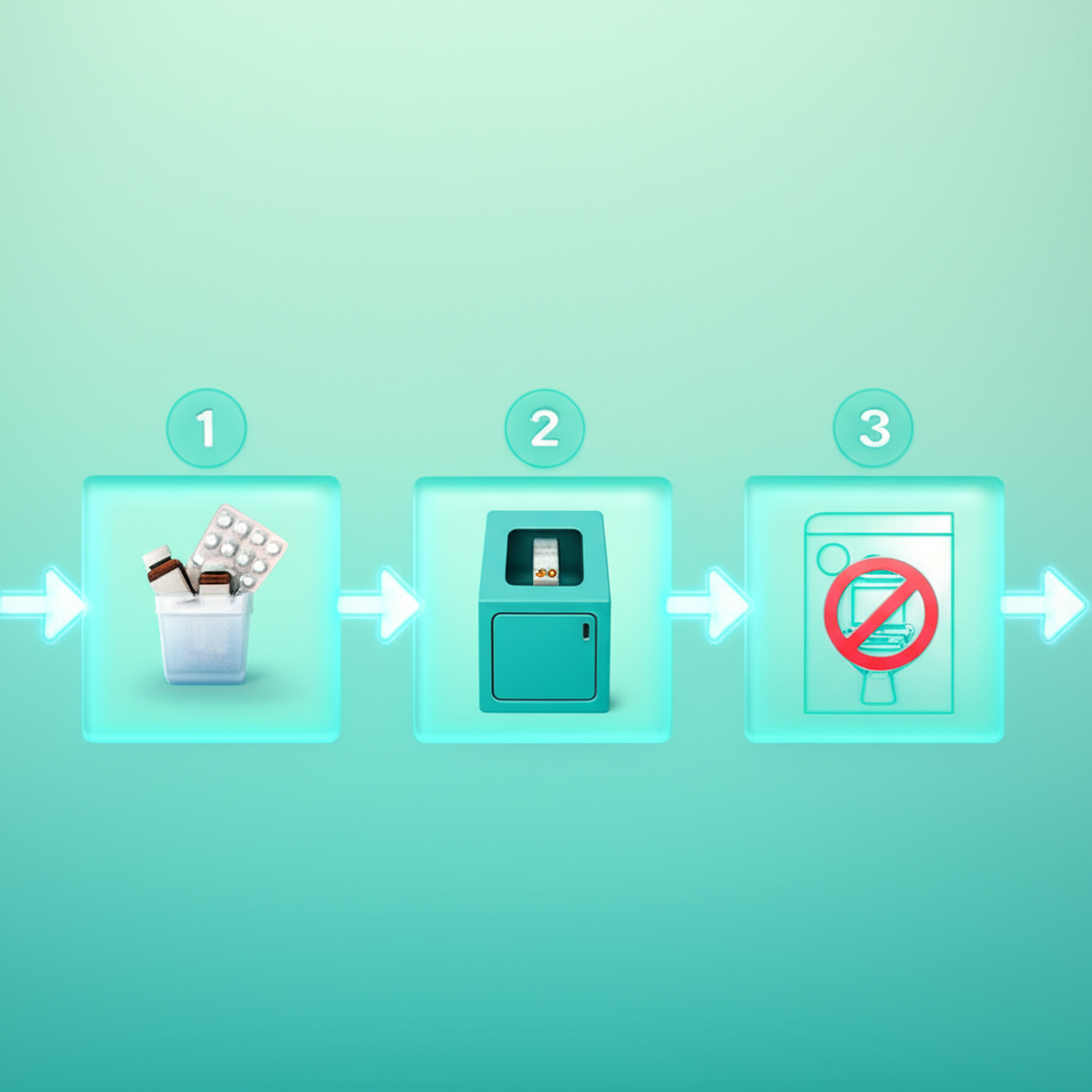 A hand dropping old pills into a designated medicine disposal box, emphasizing environmental safety