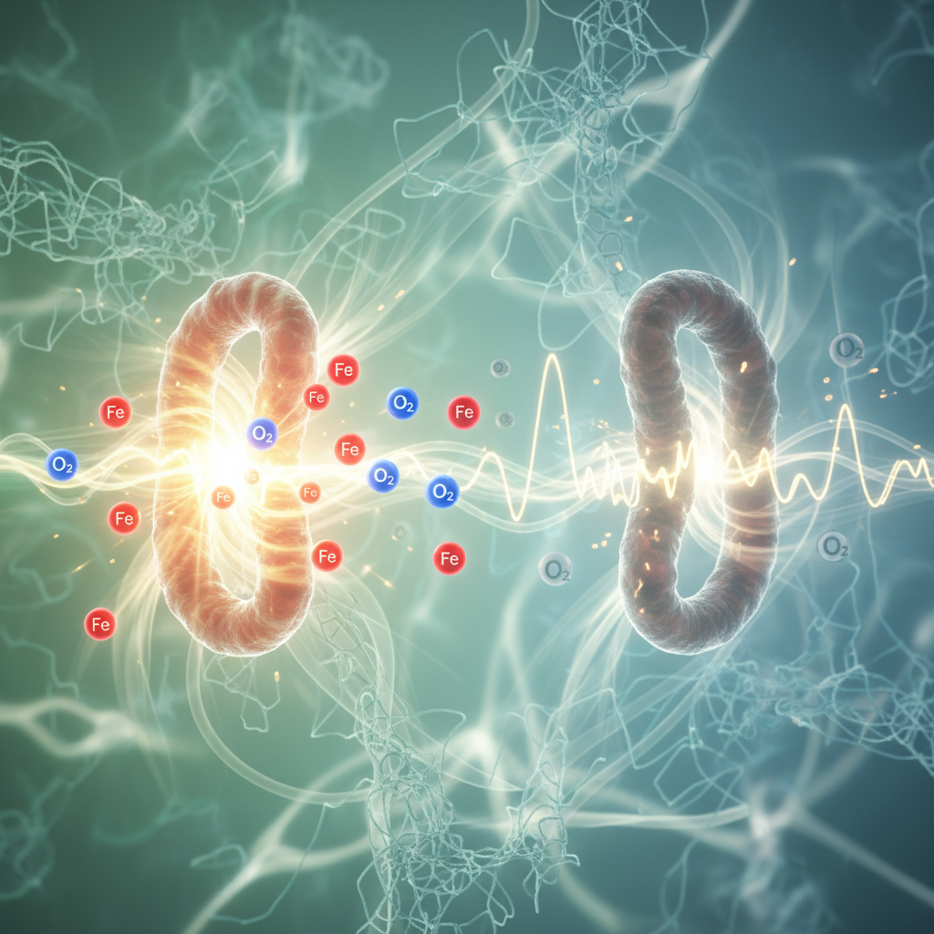 Illustration of iron molecules flowing through blood vessels, supplying energy to body cells