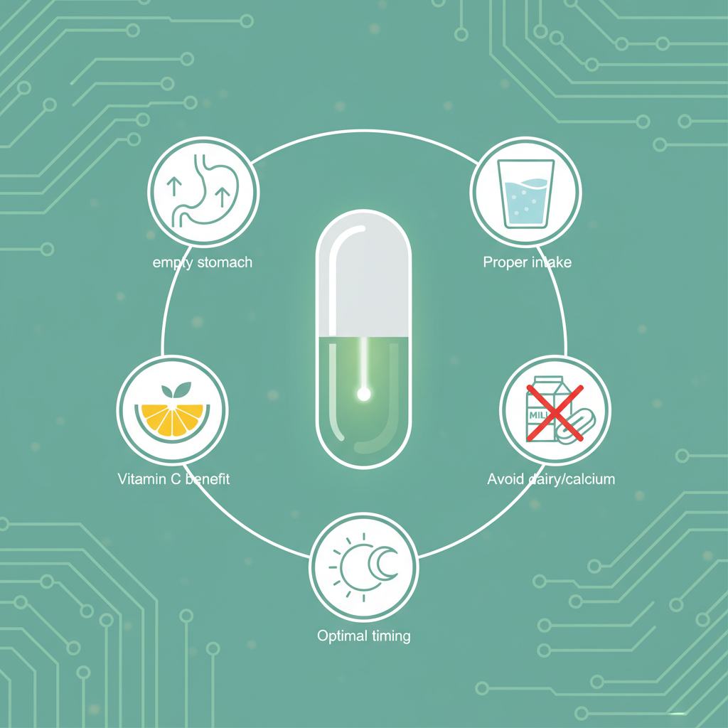 Various types of iron supplements (pills, capsules, liquids) on a table with a water glass