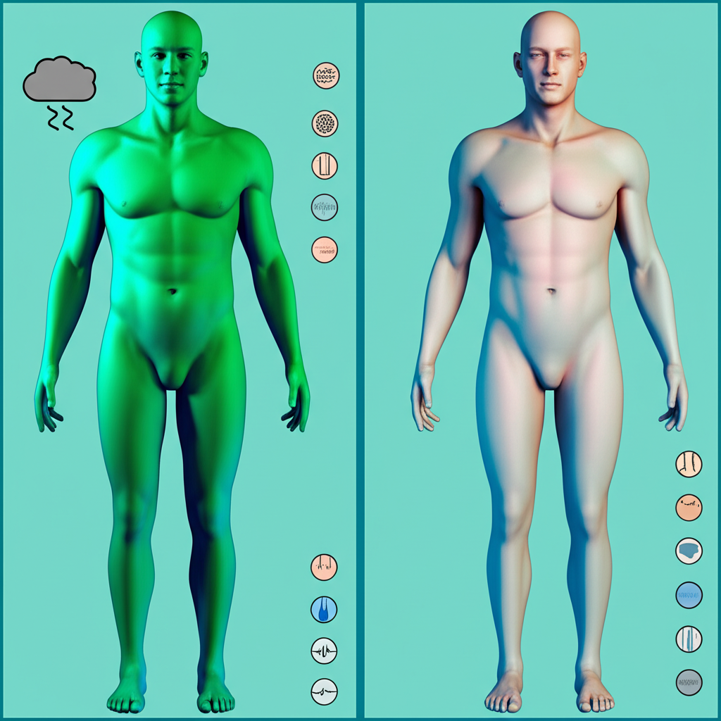 Illustration of a tired person with pale skin and dark circles under eyes, symbolizing chronic fatigue and iron deficiency