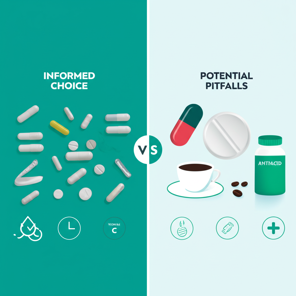 A hand holding an iron supplement pill next to a glass of water, with a blurred background of a pharmacy