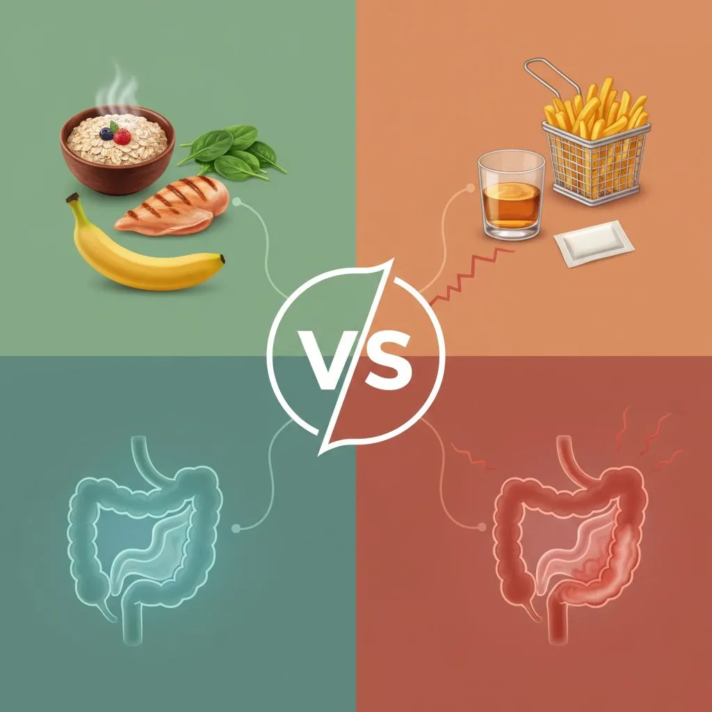 A comparison chart showing "Good for IBS" (green checkmarks next to low-FODMAP foods) and "Bad for IBS" (red X marks next to high-FODMAP foods).