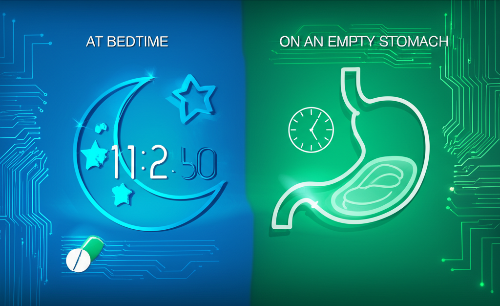 A table showing different types of medications (antibiotics, blood pressure pills, pain relievers) and their recommended timing with meal icons.