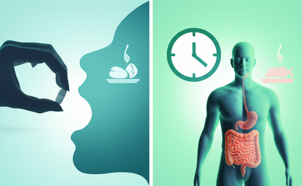 A confused person looking at a clock and a medicine bottle, symbolizing a missed dose dilemma.