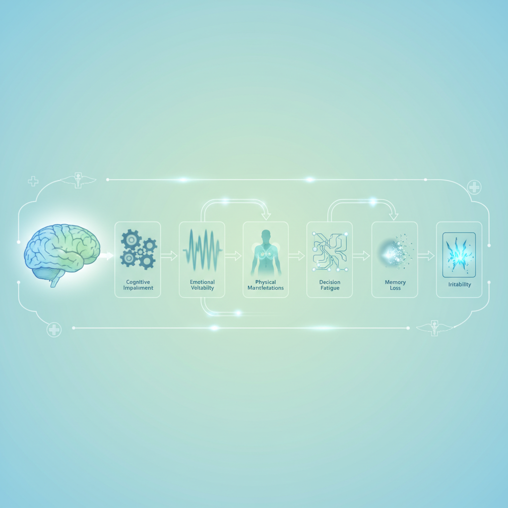 A person with a tired expression holding their head, surrounded by abstract representations of stress and overwhelming thoughts.