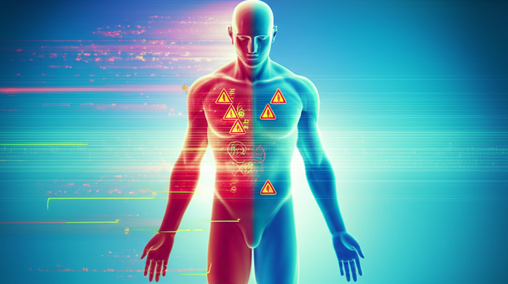 A person holding their head in their hands, looking visibly stressed with a blurred background showing busy work.