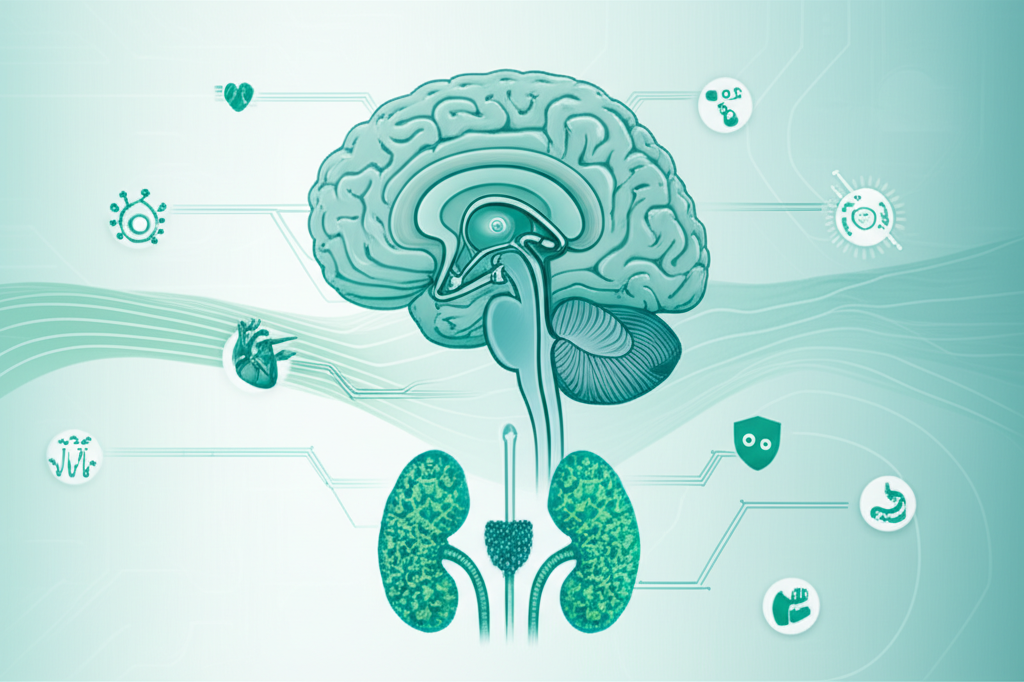 A detailed diagram showing the brain's HPA axis and its connection to various organs affected by stress hormones.