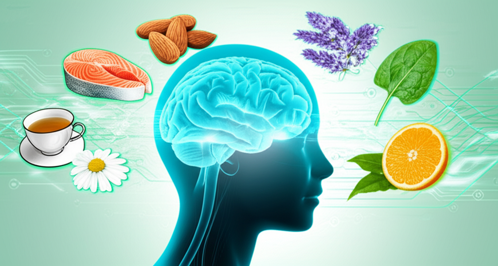 A colorful spread of healthy, stress-relieving foods like leafy greens, berries, nuts, and herbal teas.