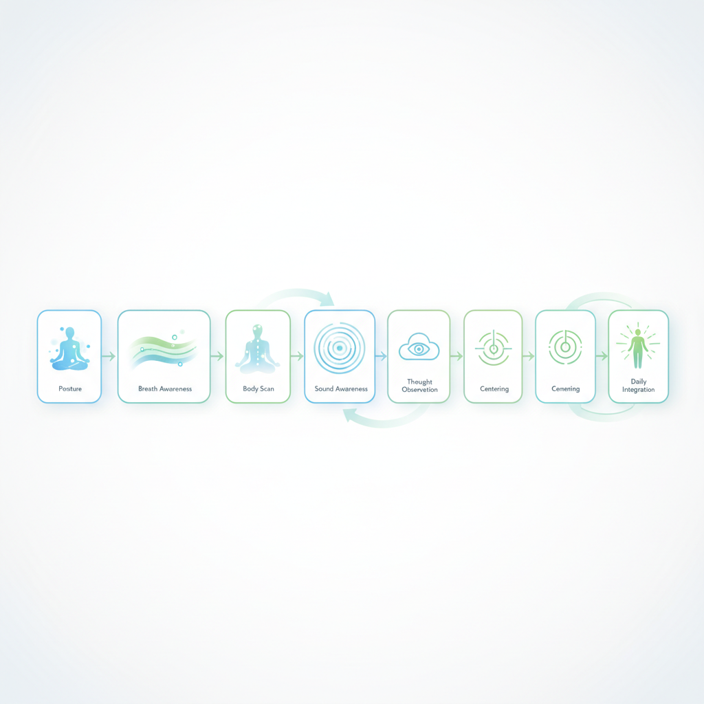 Diverse people performing mindfulness activities in various daily settings (e.g., walking, drinking tea, working)