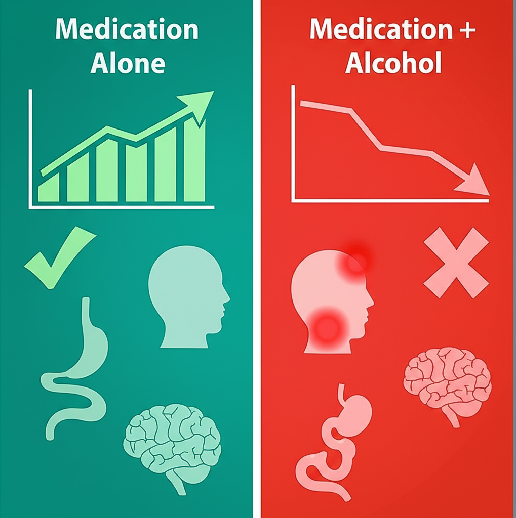 A magnifying glass examining a complex web of interconnected medical symbols and warning signs.