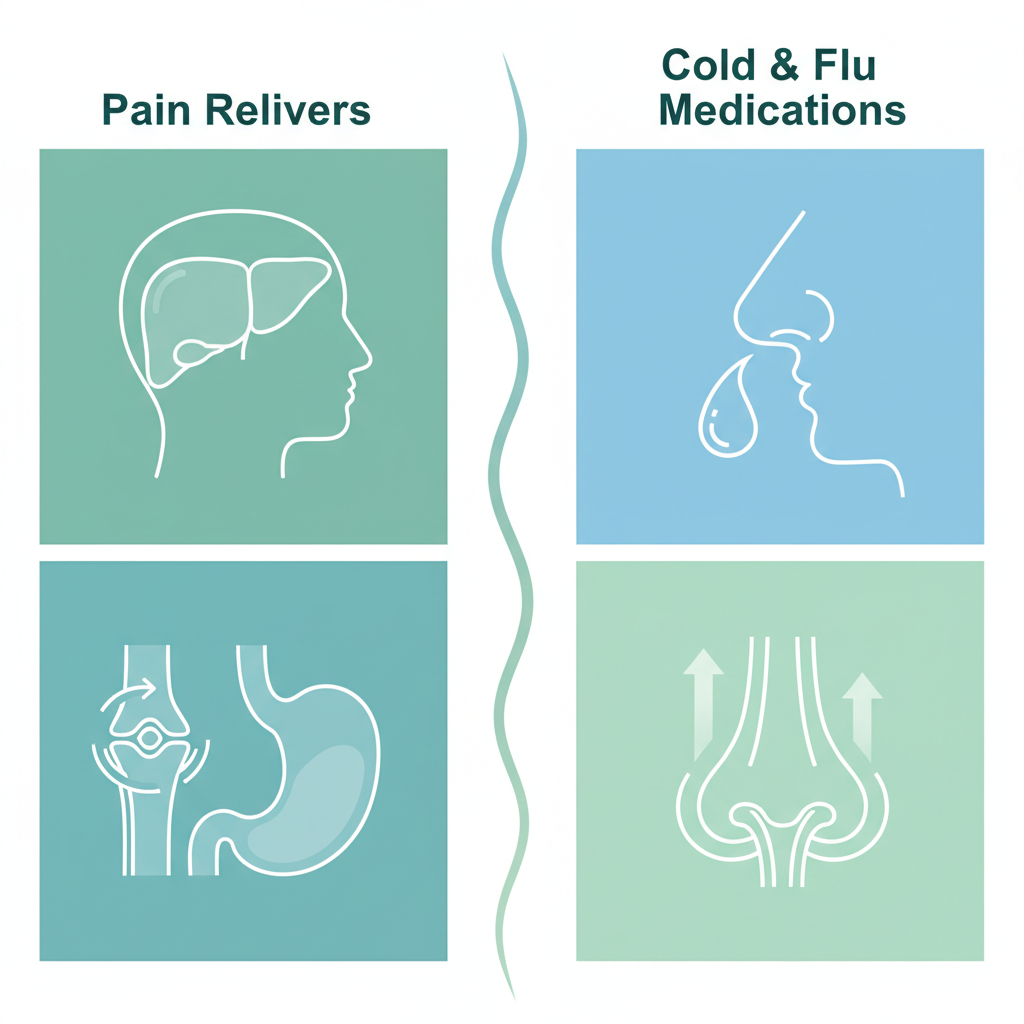 Various types of common over-the-counter medications neatly arranged on a pharmacy shelf