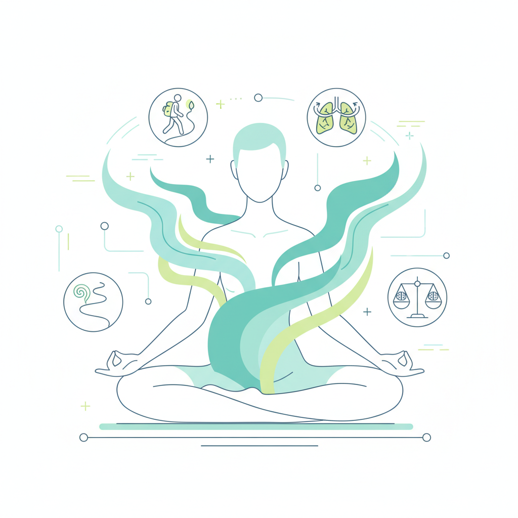 A person meditating peacefully in a calm, natural setting, with a subtle glow around them.