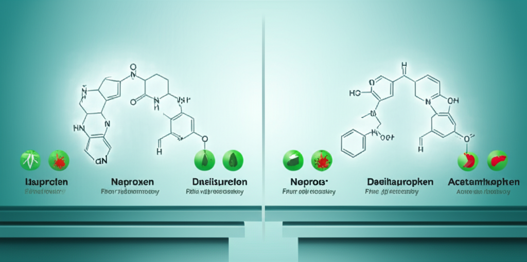 Various types of painkiller pills in different colors and shapes, labeled with their active ingredients