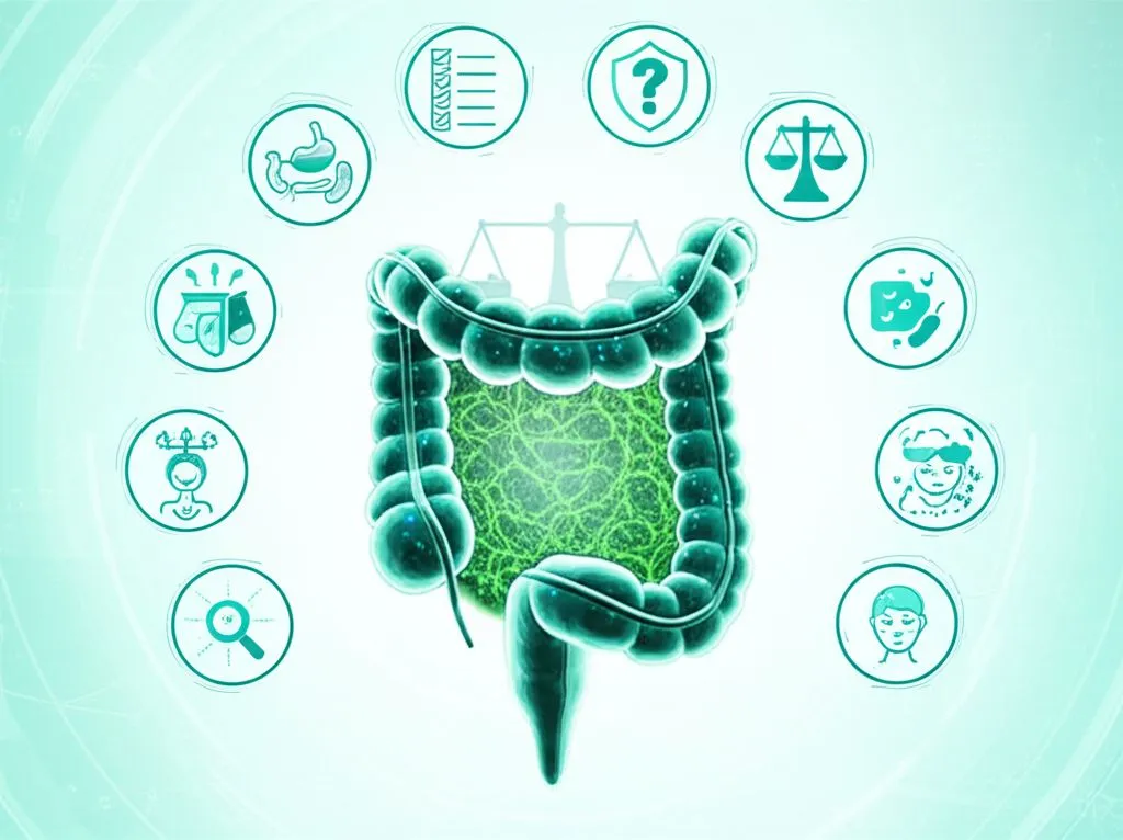 A skeptical person looking at a variety of probiotic supplements, with question marks floating around, representing doubt and the need for information.