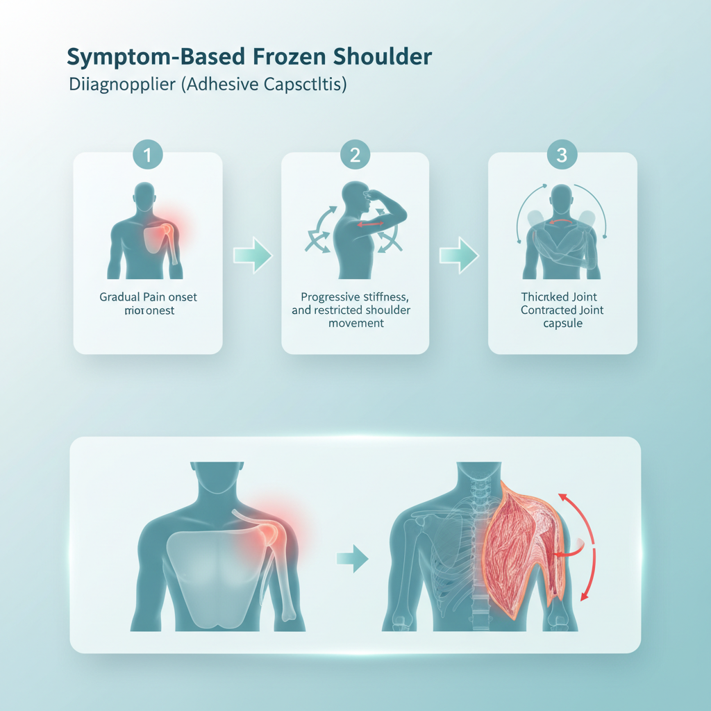 A person pointing to different areas of their shoulder to indicate pain, with question marks around them.