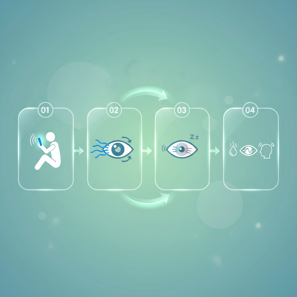 A person with tired eyes, rubbing their temples, looking at a glowing smartphone screen in a dimly lit room