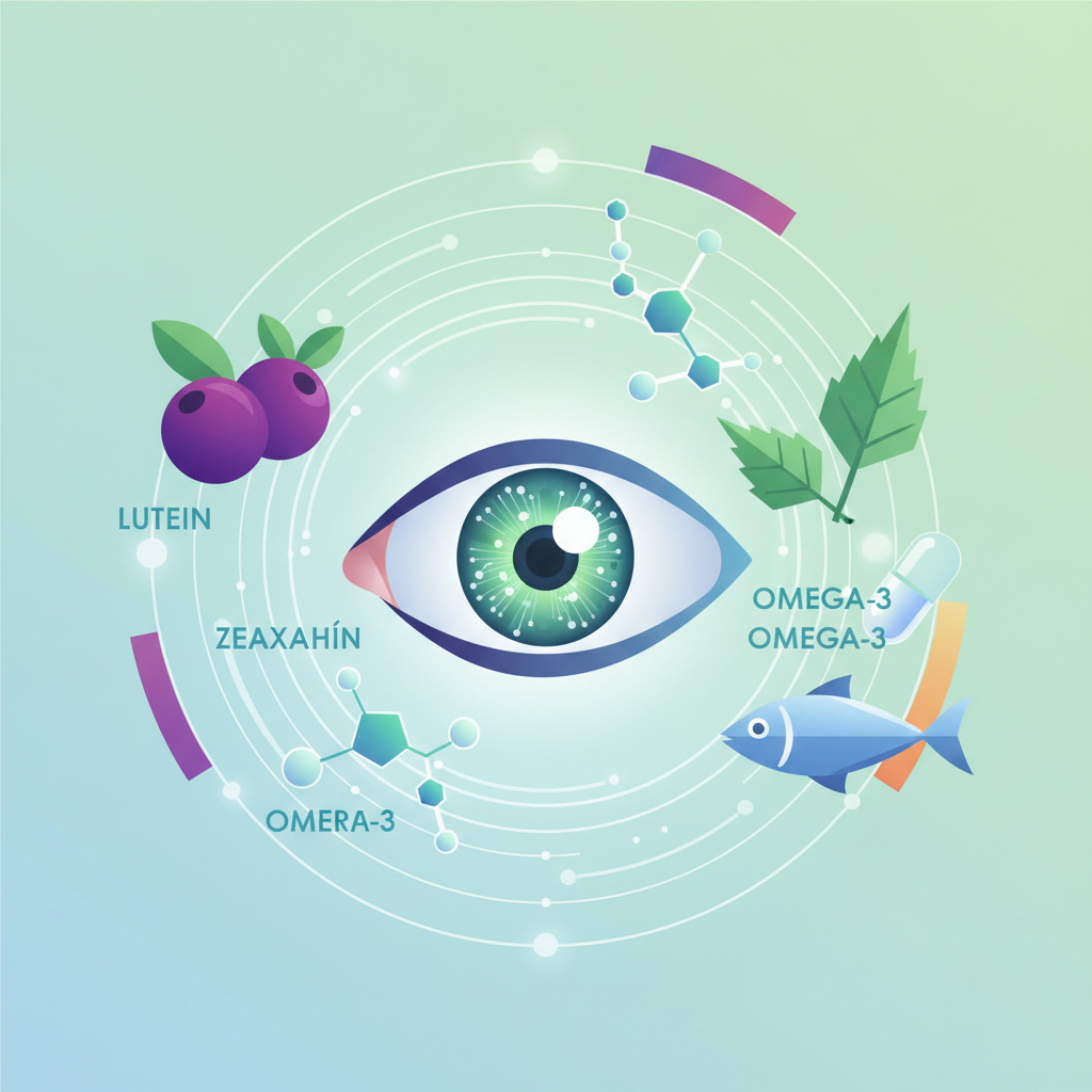 Various eye care items laid out on a table, including blue light glasses, eye drops, warm eye mask, and a monitor filter